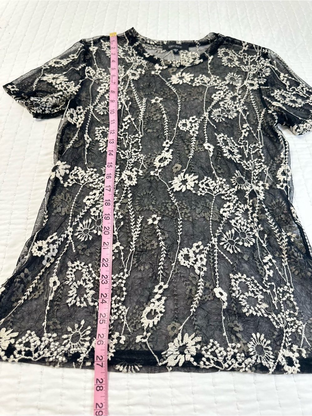 Karen Kane Women’s L Sheer Mesh Black/Cream Embroidered Short Sleeve Top Boho - Picture 4 of 11